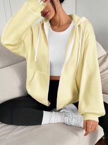 SHEIN EZwear 女式奶油黄色保暖内衬连帽衫，秋冬款 - 黃色 - 查看 1