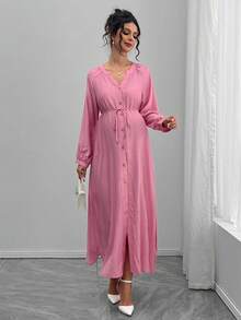 SHEIN Casual Comfortable V-Neck Front Button Long Sleeve Maternity Dress