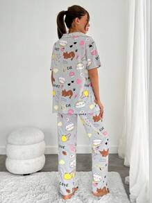 RueChic Women 2 Pcs Contrast Colour Button Front Detail With Cutie Cat Pattern Homewear PJ Set - Grey - View 2