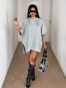 Maweii 大码女式纯色蝙蝠袖宽松休闲抽绳卫衣 - 灰色 - 查看 3