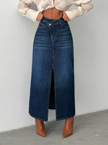 EURMUSE 100% Baumwolle ASYMMETRISCHER GÜRTEL MIT SCHLITZDETAIL MAXI Denim Rock - Mittele Waschung - Übersicht 5