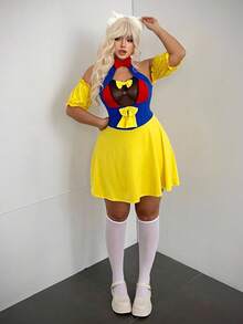 Sunspun 服装逃亡公主可爱性感泡泡袖蝴蝶结短款连衣裙 - 黃色 - 查看 6