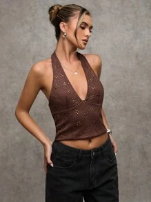 SHEIN BAE Áo hở lưng đính hạt thời trang gợi cảm dành cho nữ, Mùa hè, Trở lại trường, Quần áo mùa thu cho nữ, Quần áo mùa thu cho nữ, Áo dễ thương, Áo crop top, Câu lạc bộ gợi cảm cho nữ, Quần áo mùa thu cho nữ - màu nâu - Xem 4