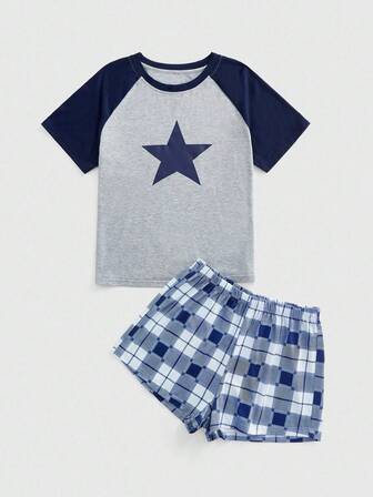Goth Ensemble pyjama femme avec manches courtes raglan, shorts à carreaux, ensemble de vêtements de nuit à imprimé étoile