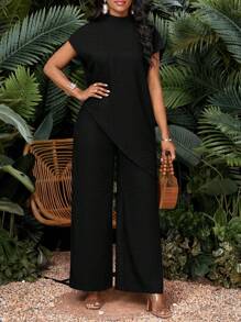 SHEIN Lady 2025 新款春夏秋冬黑色梭织立领不对称插肩袖长款短袖加大码套装女两件套优雅黑色两件套黑色两件套女款黑色两件套阔腿两件套别致女士套装休闲女装婚礼宾客 - 黑色 - 查看 1