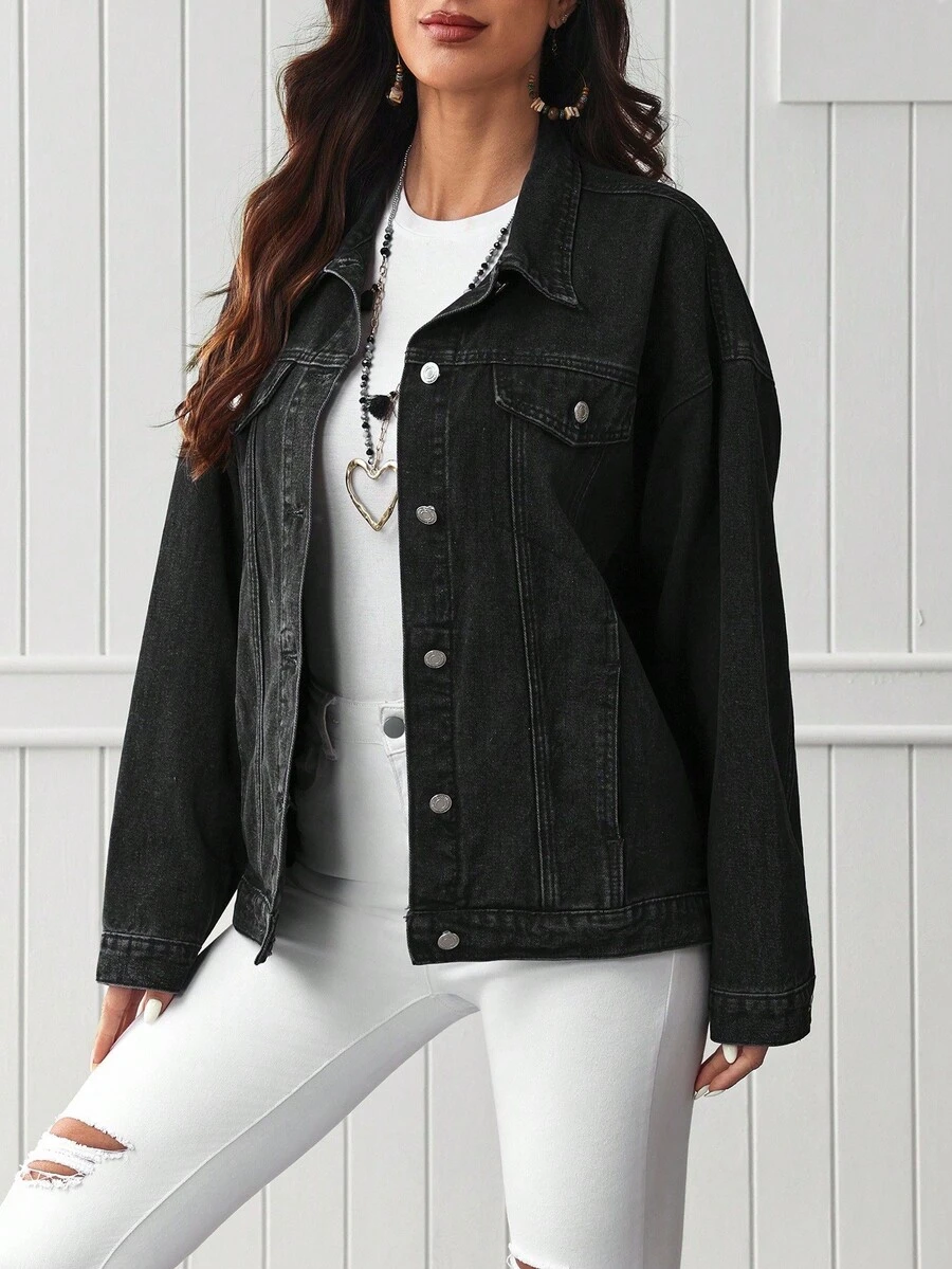 EMERY ROSE Button Up Drop Shoulder Denim Coat - Black - View 1