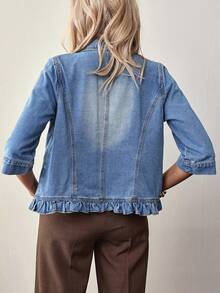 EMERY ROSE 女式翻领 3/4 袖荷叶边下摆休闲牛仔夹克 - 藍色 - 查看 3