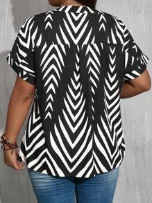 Plus Size V-Neck Striped Short Sleeve Blouse, Summer - Black - View 2