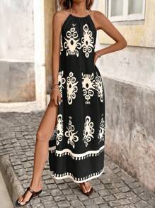 Brillora Vestido de verano casual con escote halter, flecos y abertura alta en la espalda