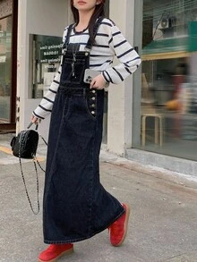 DAZY 女式休闲宽松口袋牛仔背带连衣裙 - 藍色 - 查看 5