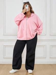 SHEIN CURVE+ Moletom feminino plus size, casual, com capuz, manga comprida, para combinar com tudo, Pinkfall, roupas femininas, inverno, CURVE PLUS, outono/inverno - Rosa - Ver 8