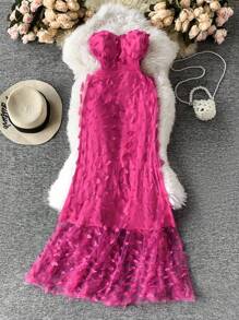 DreamSkyne Abito lungo elegante e sexy da donna, taglie forti, senza spalline, in stile di lusso con decorazione 3D a farfalla, adatto per primavera/estate/autunno/inverno - Fucsia - Visualizzare 1