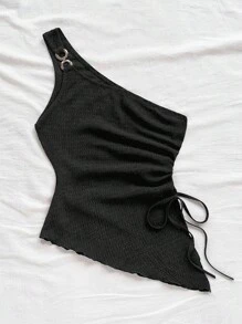 Soleia 女士夏季度假米色针织提花纹理不对称下摆抽绳褶饰吊带背心，适合派对、约会、情人节、复活节、狂欢节、下午茶、海滩、游轮、城市度假 - 黑色 - 查看 4