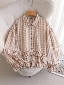 SHEIN CURVE+ 大码休闲办公室格子灯笼袖衬衫，女士秋季服装 - 卡其色 - 查看 5