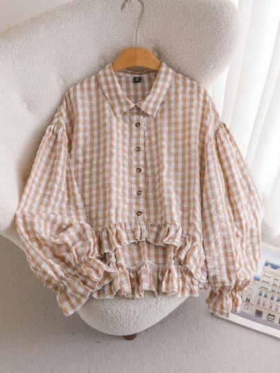 CosyJoli Plus Size Casual & Office Plaid Lantern Sleeve Shirt,Fall Clothes For Women