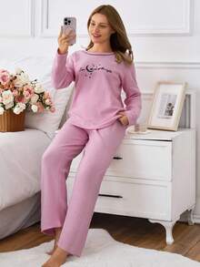 EURMUSE 100% 纯棉两件套字母标语印花撞色缝线睡衣套装 - 粉色 - 查看 4