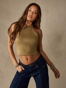 MISSGUIDED Áo crop top cổ yếm có dây buộc sau lưng, thiết kế thời trang siêu lễ hội mùa hè, không tay, cổ cao, buộc sau lưng, hoàn hảo cho kỳ nghỉ bãi biển, tiệc câu lạc bộ - xanh quân đội - Xem 3