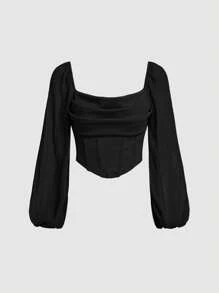 SHEIN MOD Black Date Night Top Club Women Outfits Lantern Sleeve Ruched Scoop Neck Asymmetrical Hem Crop Top