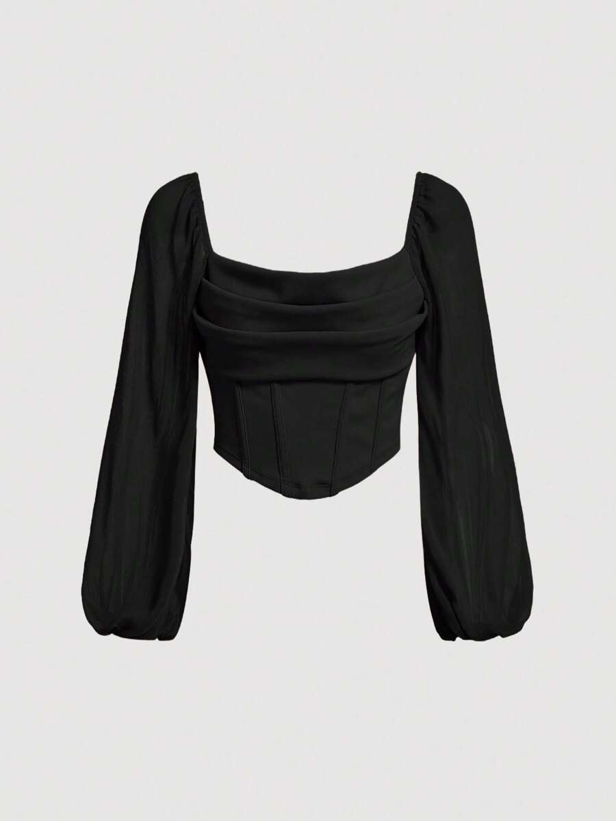 SHEIN MOD Black Date Night Top Club Women Outfits Lantern Sleeve Ruched Scoop Neck Asymmetrical Hem Crop Top