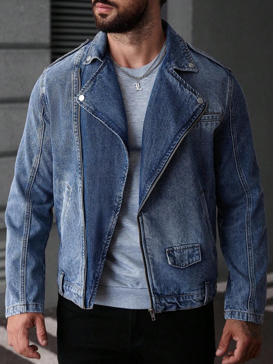 Manfinity LEGND 男士中蓝色成熟街头风格牛仔夹克，带领拉链，牛仔机车夹克，适合丈夫和男朋友，秋季 - 中等水洗藍 - 查看 1