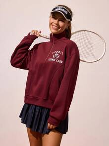CourtClass Jaqueta com Capuz e Zíper com Estampa de Tênis em Fleece para Mulheres, Outono/Inverno, com Bolsos, Esportiva e Casual para Tênis, Corrida e Uso Diário - Vinho - Visão 5