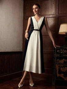 ZEYLAH V-Ausschnitt ärmelloses Maxikleid mit geraffter Taille, elegant - Verschiedenfarbig - Übersicht 2