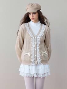 ROMWE Kawaii Áo khoác cardigan cài nút phía trước họa tiết ren tương phản thường ngày dành cho nữ - Màu be - Xem 5