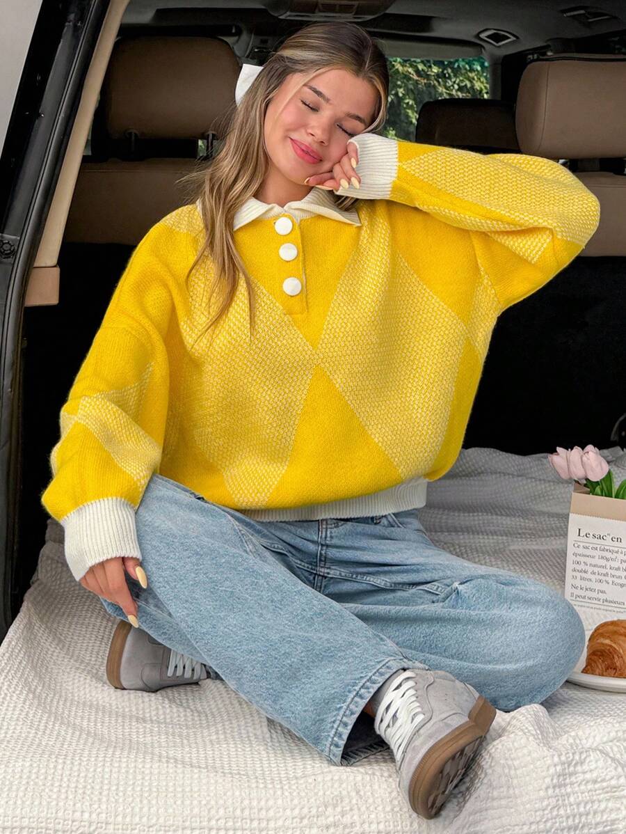 SHEIN Cozy Oversized Knit With Argyle Pattern And Polo Collar Charm Yellow Sweater Womens Sweater Button Up Sweater Yellow Cardigan Diamond Pattern Sweater,Jumper,Cream Jumper,Jumpers,Black Jumper,White Jumper,Women's Jumper,Women's Jumpers,Winter Clothes