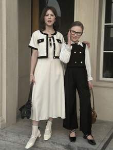 2件套：翻领拼布长袖衬衫+休闲直筒裤 - 黑色 - 查看 3