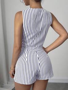 SHEIN Clasi 女式夏季条纹休闲背心和短裤两件套 - 白色 - 查看 2