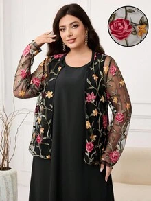 Modelyn Rochie fără mâneci, casual, culoare uni, mărime plus și cardigan transparent cu mâneci lungi, set din 2 piese - Negru - Vizualizare 2