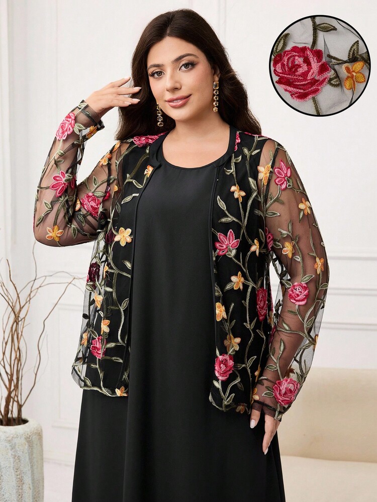 Modelyn 大码休闲纯色无袖连衣裙和花卉印花透明长袖开衫两件套 - 黑色 - 查看 2