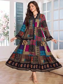 Lacomfia 大码女式几何花卉印花V领长袖休闲连衣裙 - 彩色 - 查看 4