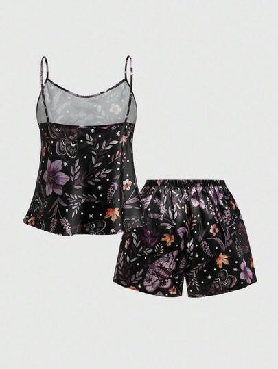 Goth Gothic Butterfly, Snake Skin, Floral Print Satin Camisole & Shorts Pajama Set