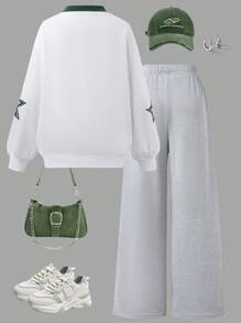 SHEIN ChillGRL 2 件套：超大女孩休闲时尚街头风格数字和英文字母星星印花 V 领长袖宽松上衣和阔腿运动裤套装，适合日常穿着