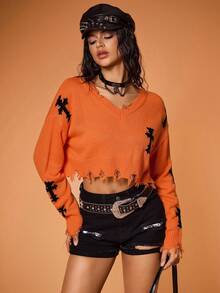 Shutterstock Y2Kool Women's Distressed Cross Jacquard Cropped Sexy Sweater, Orange Knit Top Suitable For Halloween Party, Back To School, Autumn/Winter Y2K Streetwear Casual Stylish Collection New Year - Orange - View 3