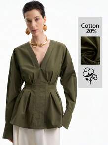 Aalyst Áo sơ mi nữ tay dài xếp ly trước và sau, co giãn, trễ vai, thích hợp mặc đi làm, đi chơi, đi nghỉ, thường ngày, Xuân/Thu/Đông - xanh quân đội - Xem 3