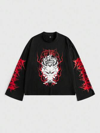 Herren Lässig Dunkel Anime Grafik Rundhals Langarm T-Shirt, Emo, 2000er Jahre Stil