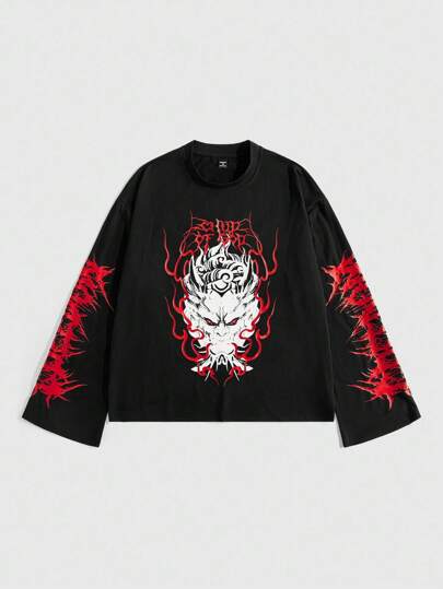 Anime Men's Casual Dark Anime Graphic Round Neck Long Sleeve T-Shirt, Emo, 2000s Style