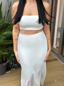 Lucia Bellido 商务休闲女士秋季女装秋冬优雅纯色编织高腰鱼尾下摆裙子 - 白色 - 查看 3