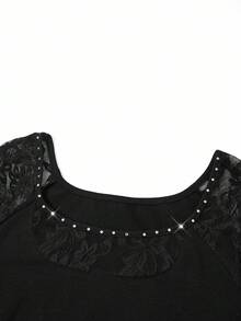 Ellevyn Blouse élégante pour femmes grandes tailles, couleur unie, patchwork en dentelle avec ornements de strass