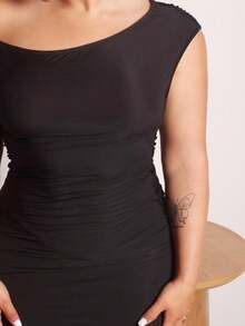Lupita Cardoza Women Summer Asymmetric Ruched Tight Fit Printed Dress/Beach Resort Dress/Long Dress/Summer Women Dresses/Beach Women Dresses/Club Dress/Petite Dress/Graduation Outfit/Dresses For Women/Summer Dresses For Women/Vestidos Elegantes Para Fiesta/Elegant Dresses For Women/Vacation Dress - Black - View 3