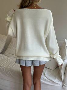 SHEIN 少女超大号不对称肩部宽松休闲套头衫，带有国旗图案，新年夜长袖运动衫上衣，保暖，时尚街头，休闲运动，英语图案，少女服装，百搭，宽松版型，返校，运动，学院，复古 - 白色 - 查看 2