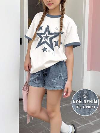 SHEIN Leap Crew 青少年女孩休闲简约短袖 T 恤和短裤两件套，夏季