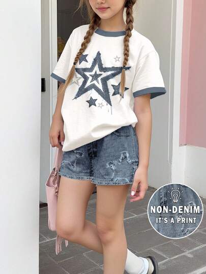 SHEIN Leap Crew 青少年女孩休闲简约短袖 T 恤和短裤两件套，夏季