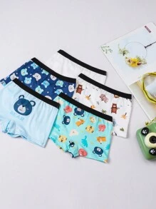 5pcs/Pack Boys' Cute Animal Print Basic Comfortable Boxer Briefs, Fashionable Sports Style