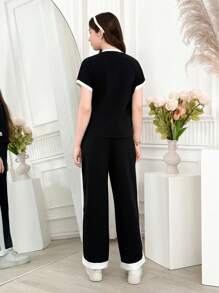 少女休闲百搭百搭日常居家度假黑白撞色边宽肩无袖圆领T恤+阔腿梭织裤套装