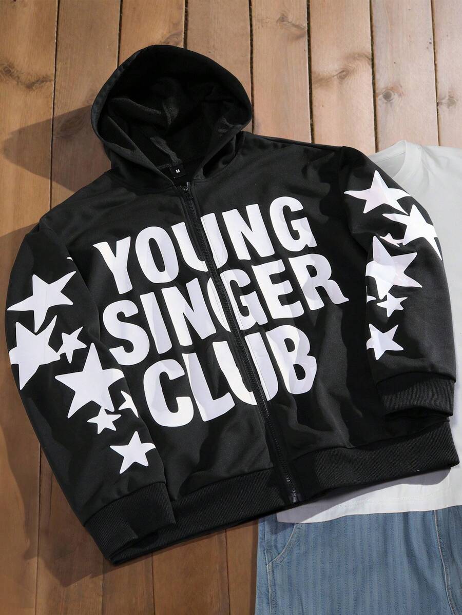 Manfinity Roghcode 男式 Young Street 字母印花拉链连帽卫衣 - 黑色 - 查看 1