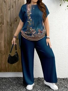 EMERY ROSE Casual Vintage Floral Pattern Plus Size 2 Pieces Set, Suitable For Summer - Blue - View 2