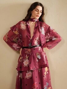 Anewsta 女士时尚荷叶边长袖单排扣衬衫，适合春季、节日、优雅场合、假日、度假、早午餐等。 - 酒紅色 - 查看 7